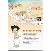Cartoon illustratie van de Hajj route met een jongen in ihram voor algemene leerboeken